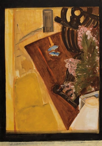 Interior with old chair, flower pot and lamp