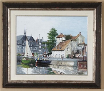 Coastal town scene with boats - Alain Duchemin