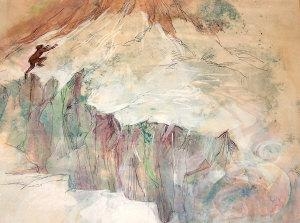 Artwork by Peter Rush, 2 works: Up the Mountain; Scene from 'King of the Golden River', Made of black ink and watercolour on paper