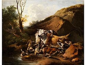 AUEROCHSE IM KAMPF GEGEN EINE JAGDHUNDEMEUTE