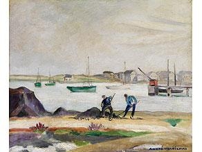 French river landscape with workers and work on the banks and ship stores - Andre Verdilhan