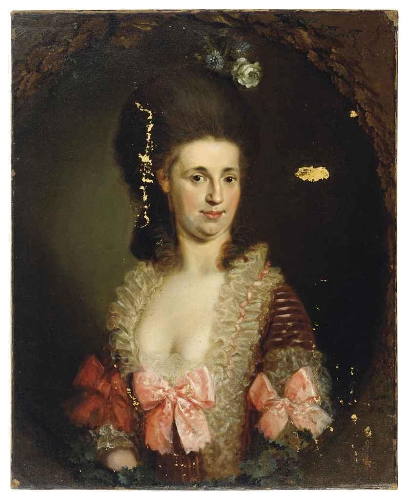 Portrait of a lady, half-length, in a pink dress with flowers in her hair, in a painted oval by Austrian School, 18th Century, 18th Century