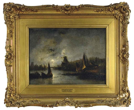 A moonlit village on a river by John Berney Crome