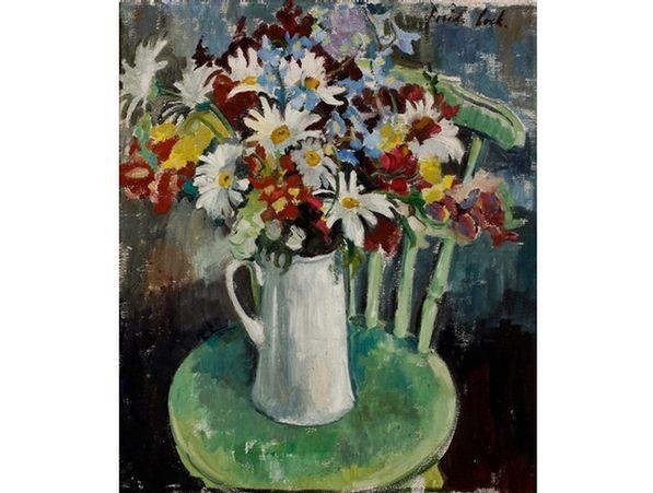 Freida Lock | Summer Flowers in a Jug on a Green Chair | MutualArt