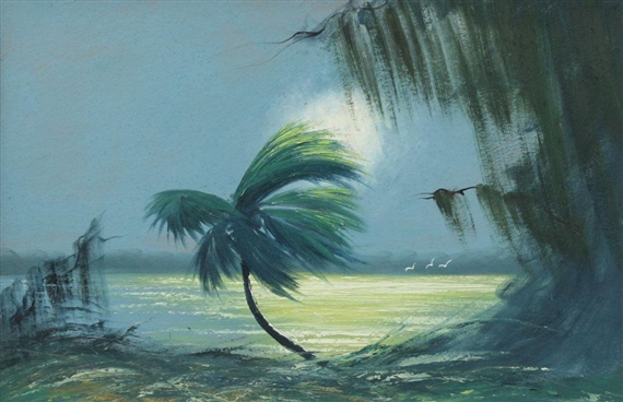 Florida Highwaymen Moonlit River with Palm by Alfred Hair