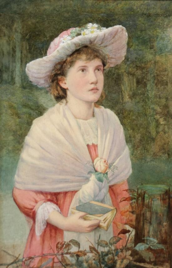 William E. Evans | Portrait of a Young Girl Wearing a Floral Hat (1890 ...
