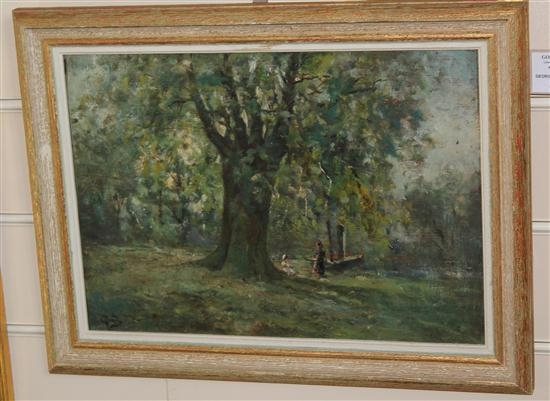 Figures beneath trees on a river bank by George A. Boyle
