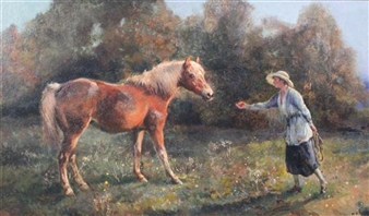 Woman offering an apple to a pony - Alfred William Strutt