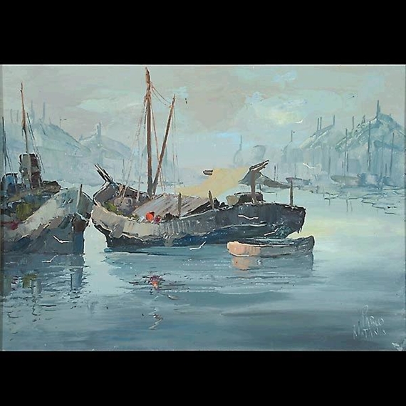 Boats in Canal by Pablo Matania