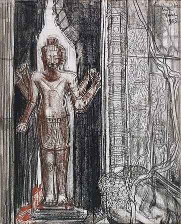 Artwork by André Maire, MOINES EN PRIERE, ANGKOR WAT, Made of Charcoal and sanguine
