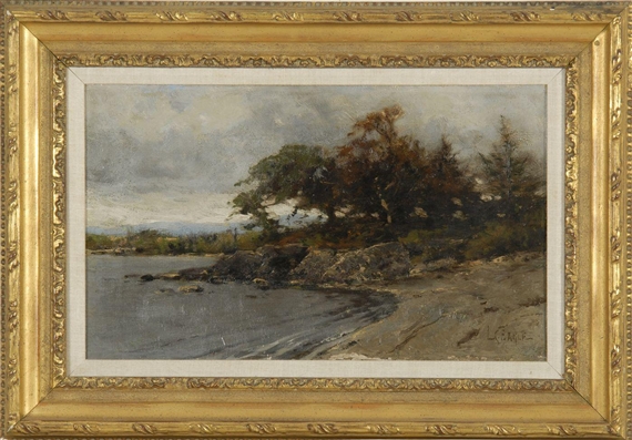 Lakeshore landscape with rocks, trees, and distant hills by Lawrence Carmichael Earle