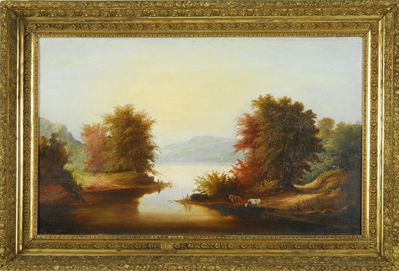 Primitive Hudson River School landscape with cattle by J. C. Durand, 1873