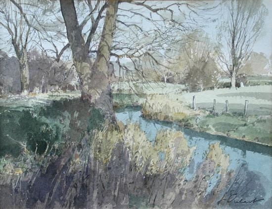 Artwork by Stanley Orchart, The River Kym at Great Staughton, Cambridgeshire, Made of watercolour