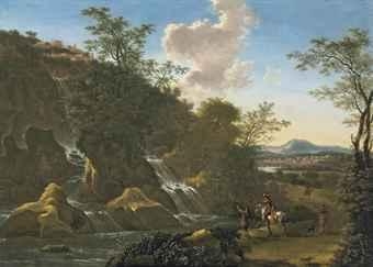 An Italianate landscape with travellers by a waterfall, Tivoli beyond by Willem de Heusch