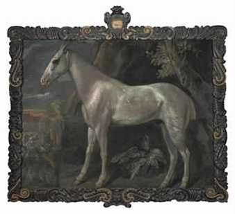The Marquess of Worcester's dappled grey stallion, with Worcester House beyond - Jacob Peter Gowy