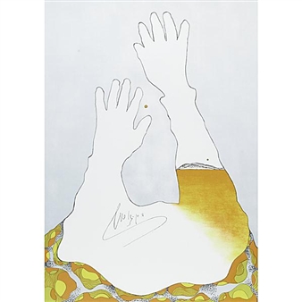 A minimalist line drawing of two raised hands emerging from a golden, patterned base against a pale background.