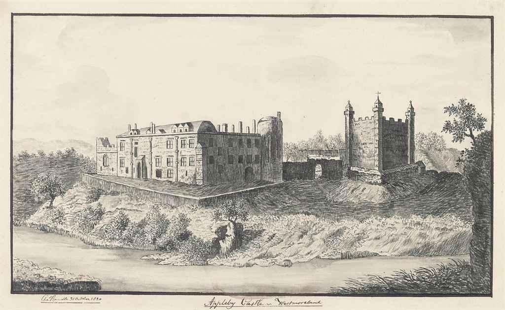 Artwork by Charles Randle, View of Appleby Castle, Appleby-in-Westmoreland, Cumbria, Made of pen and grey ink and grey wash, on paper