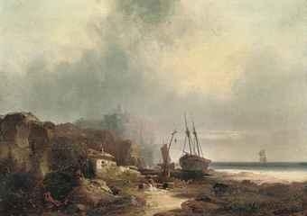 A coastal landscape with fishermen on the shore by Carl Rottmann