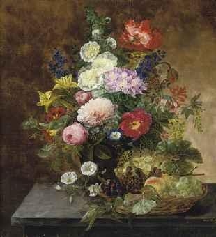 Summer blooms and a basket of fruit - Henriette Melchior