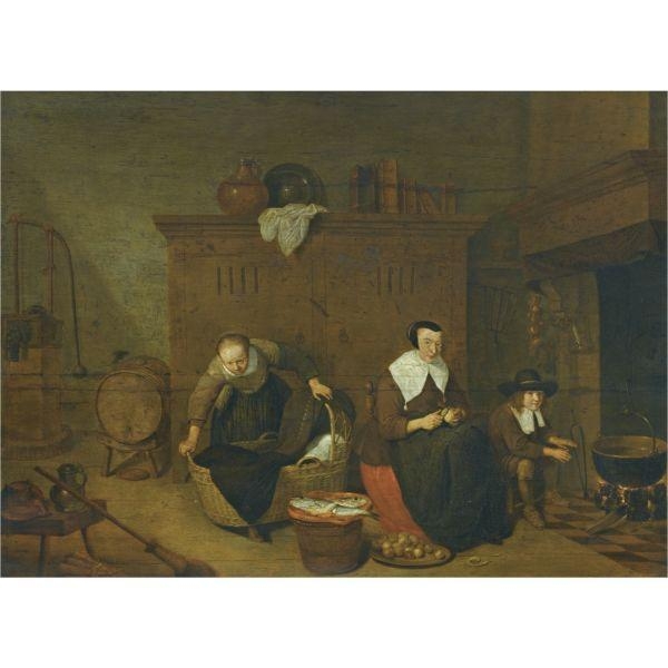 An Interior with a woman peeling turnips by Quirijn van Brekelenkam