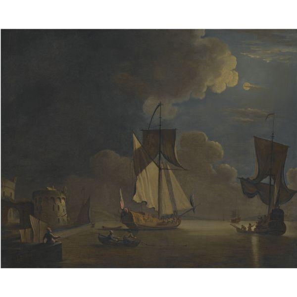 Artwork by Francis Swaine, British Shipping in a Harbour by Moonlight, Made of oil on canvas