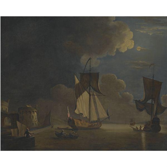 British Shipping in a Harbour by Moonlight by Francis Swaine
