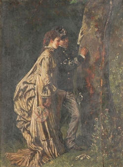 A romantic scene of a couple whispering in a forest.