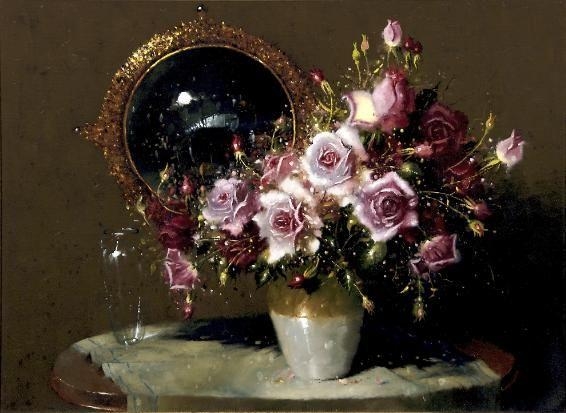 STILL LIFE WITH PINK ROSES AND A MIRROR by Hennie Griesel