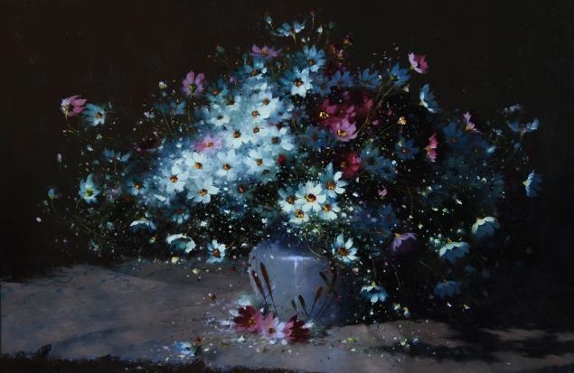 Artwork by Hennie Griesel, COSMOS IN A CERAMIC POT, Made of oil on canvas laid down on board
