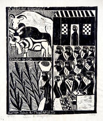 A BEAUTIFUL OVAMBOLAND by John Ndevasia Muafangejo, 1984