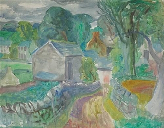 A vibrant impressionist landscape painting of a rural village scene with a central stone building, winding path, and lush greenery.