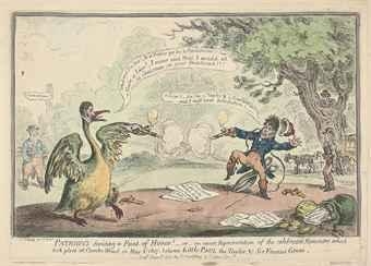 Two works: Patriot's deciding a Point of Honor! - or - an exact Representation of the celebrated Rencontre which took place at Combe Wood on May 2d, 1807 - between Little-Paul the Taylor, & Sir Francis Goose; and Stealing off; - or - prudent Secesion by James Gillray, 1804; 1798