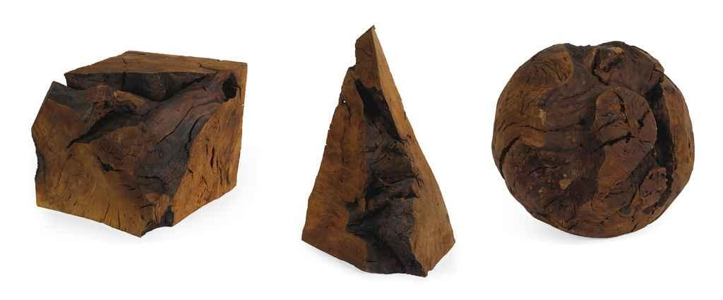 Artwork by David Nash, 3 works: Cube, Sphere, Pyramid, Made of madrone wood, in three parts