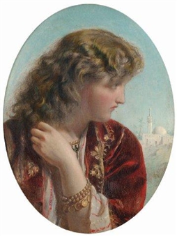 A profile portrait of a figure in ornate red attire against a distant cityscape.