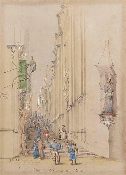 2 works: Strada St. Giovanni, Valletta; Strada St Paolo, Valletta by Joshua Edward Adolphus Dolby, 1854