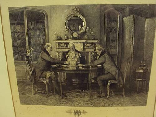 3 Works: Scenes of gentlemen seated around a dining table, eating and conversing by Walter Dendy Sadler