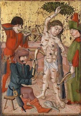 Artwork by Master of the Middle-Rhine, The Martyrdom of Saint Sebastian, Made of oil on panel