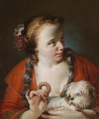 A young woman offering a biscuit to a small dog by Giovanni Batista Piazetta