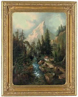 A cottage by a waterfall, the Matterhorn beyond by Albert Lang, 1886