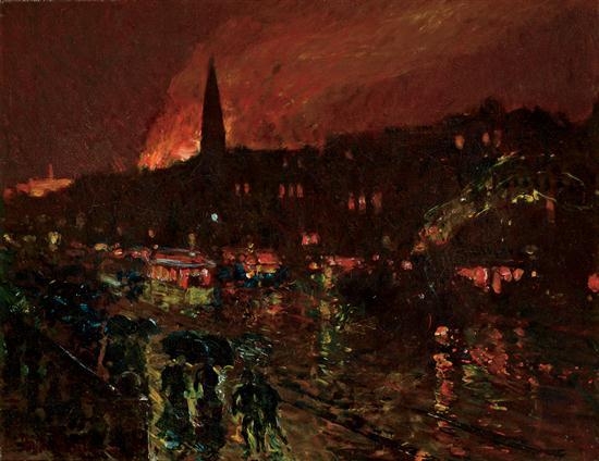 "The Alarm", Firelight, Boston by Childe Hassam, 1886