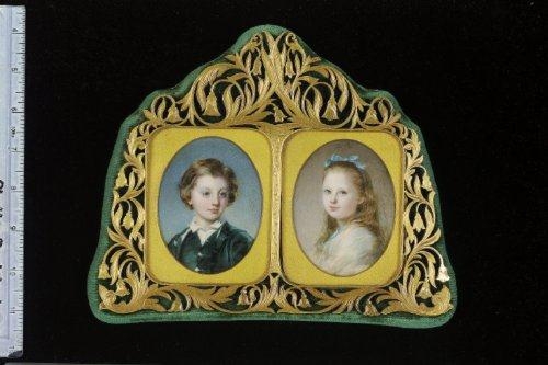 Artwork by Annie Dixon, 2 works: George Victor Drogo Montagu, 8th Duke of Manchester (1853-92) and his sister, Lady Mary Montagu (1854-1934), Made of set into a shaped and pierced gilt-metal frame