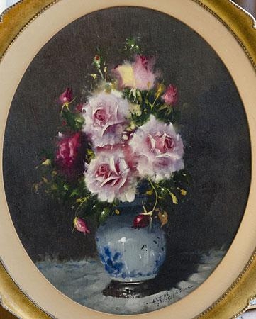 Artwork by Hennie Griesel, Still life with roses, Made of Oil on canvas on board