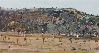 HILLSIDE LANDSCAPE WITH GREEN TRACTOR, YOU YANGS by Fred Williams, 1978