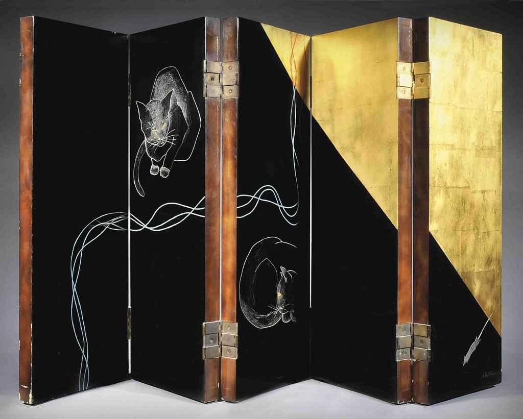 Artwork by Paul Saïn, TABLE SCREEN, Made of lacquer wood with gold leaf, decorated with cats and mouse