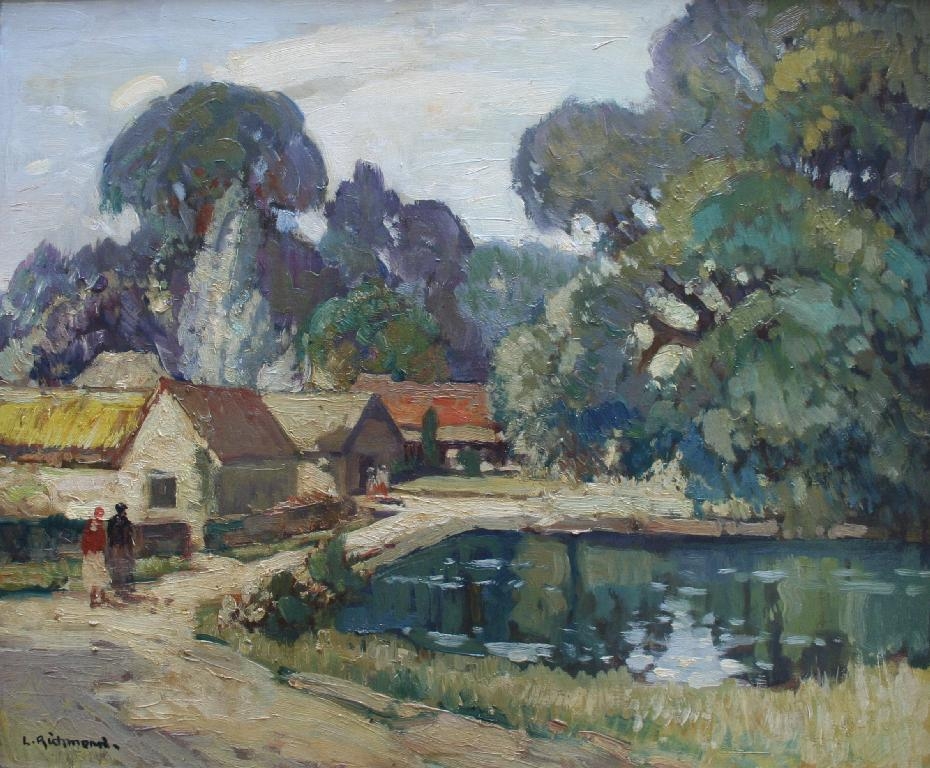 Artwork by Leonard Richmond, FARM BUILDINGS BY A POOL, Made of oil on canvas