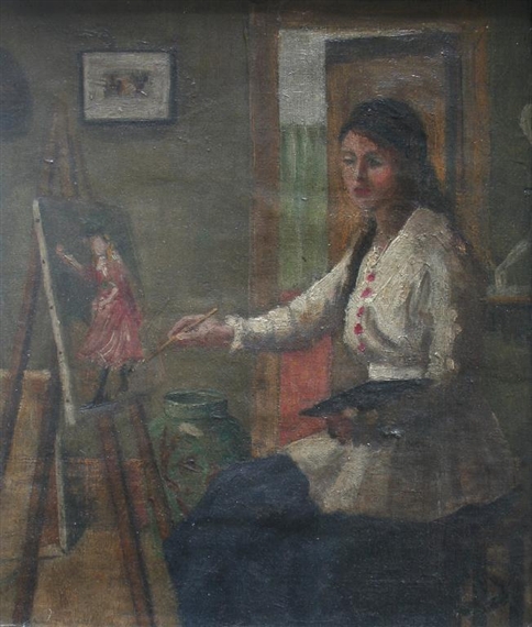 PORTRAIT OF AN ARTIST, SEATED AT HER EASEL, PAINTING GINESI