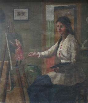 PORTRAIT OF AN ARTIST, SEATED AT HER EASEL, PAINTING GINESI - Edna Ginesi