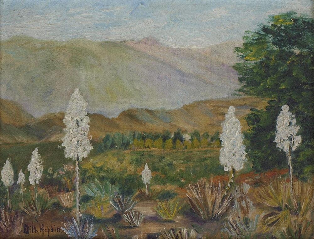 Artwork by Edith Hopkins, ''Yucca in Bloom in So Cal'', Made of oil on canvas board