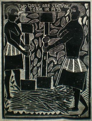 Two Girls are Stamping the Corn by John Ndevasia Muafangejo, 1975