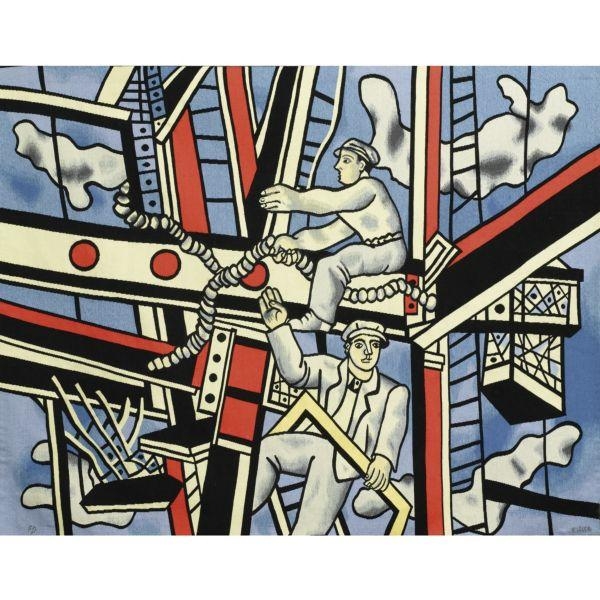 Les Constructeurs sur un fond bleu by Fernand Léger